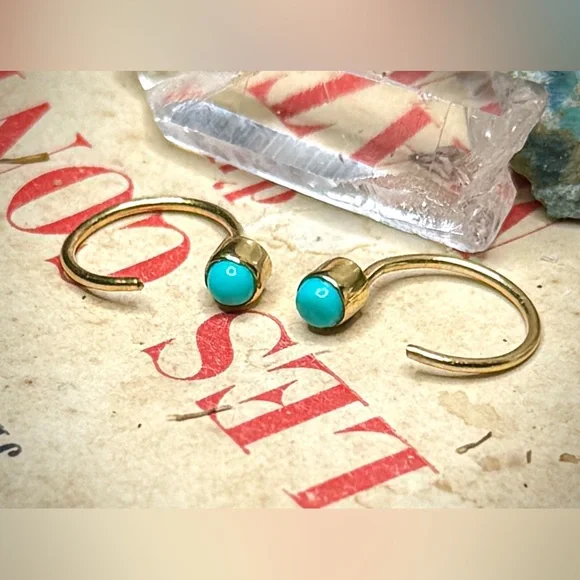 18k Gold Plated Sterling Silver Dry Creek Turquoise Huggie Hoop No Back Earrings - Picture 7 of 11